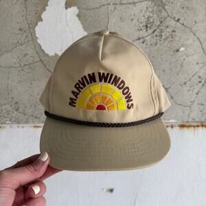 Vtg 80s Rope Trucker Hat Marvin Windows Khaki Snapback Green Underbrim Workwear
